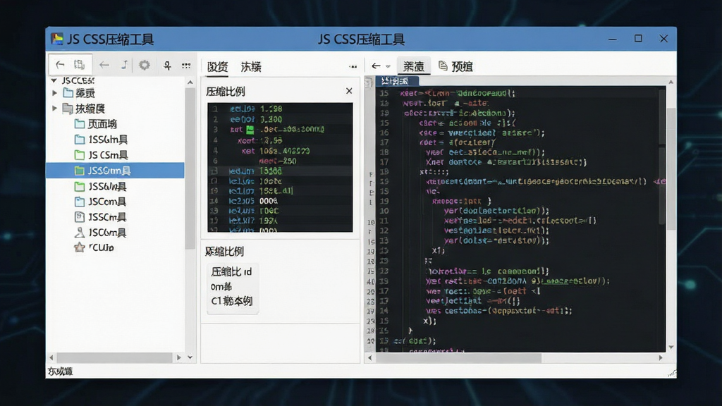 一张展示JS CSS压缩工具软件界面的图片,主体为软件主窗口,左侧为文件列表区,右侧为代码预览区,窗口顶部有软件名称“JS CSS压缩工具”字样,布局清晰,排版整齐,风格为现代简约科技风,细节包括代码高亮显示、压缩比例数据面板,画质清晰,画面干净,无多余元素