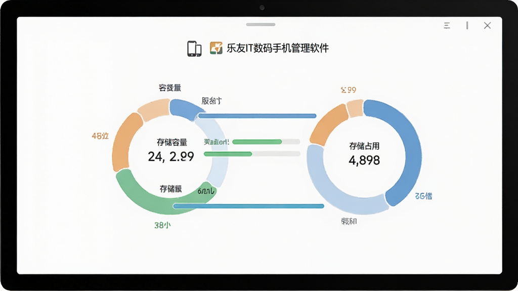 电脑屏幕显示手机设备信息面板,主体为设备型号、系统版本、存储占用环形图,布局居中,排版清晰,极简商务风格,细节包括存储容量数字、进度条、设备图标,界面文字为“乐友IT数码手机管理软件”,画质高清,干净,无多余元素