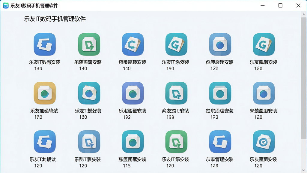 电脑屏幕显示应用管理列表,主体为多个应用图标排列成网格,布局居中,排版规整,清新浅色风格,细节包括应用名称、版本号、安装包图标,界面文字为“乐友IT数码手机管理软件”,画质高清,干净,无多余元素