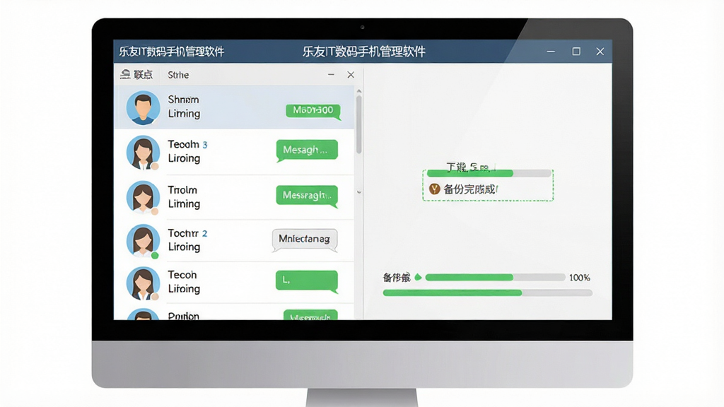 电脑屏幕显示通讯录与短信备份界面,主体为联系人列表与备份进度条,布局居中,排版整齐,商务简约风格,细节包括头像图标、短信气泡、备份完成提示,界面文字为“乐友IT数码手机管理软件”,画质高清,干净,无多余元素