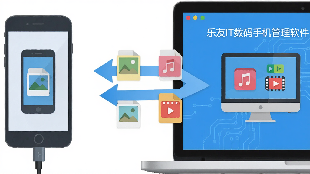 手机与电脑通过数据线连接,屏幕中显示文件从手机图标流向电脑图标,主体为双向箭头与文件缩略图,布局左右分布,排版简洁,扁平化科技风格,细节包括照片、音乐、视频图标,界面文字为“乐友IT数码手机管理软件”,画质高清,干净,无多余元素