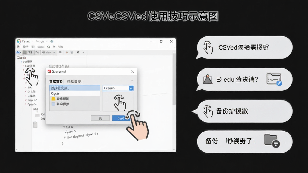 CSVedʹ�ü���ʾ��ͼ������ΪCSVed�����������������ͼ�꣬����Ϊ���ҷ��������Ϊ�������ڣ��Ҳ�Ϊ������ʾ���ݣ��Ű�Ϊͼ�Ľ�ϣ����Ϊ���ż���磬ϸ�ڰ��������滻�Ի��򡢹̶��б�ʶ�������ļ�ͼ�꣬���ʸ��壬�ɾ����޶���Ԫ��