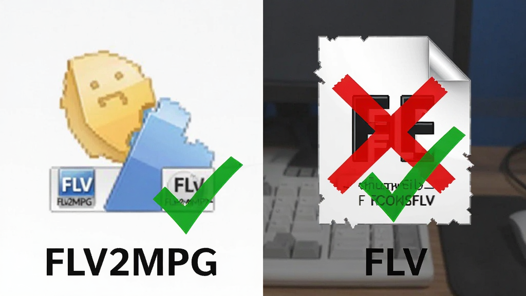 一张电脑桌面上的FLV视频转换工具(FLV2MPG)快捷方式图标与一个损坏的FLV文件图标对比图,布局为左右对比,排版清晰,风格为教程示意,细节包含红色叉号标记在损坏文件上,绿色对勾标记在软件图标上,画质清晰,干净,无多余元素