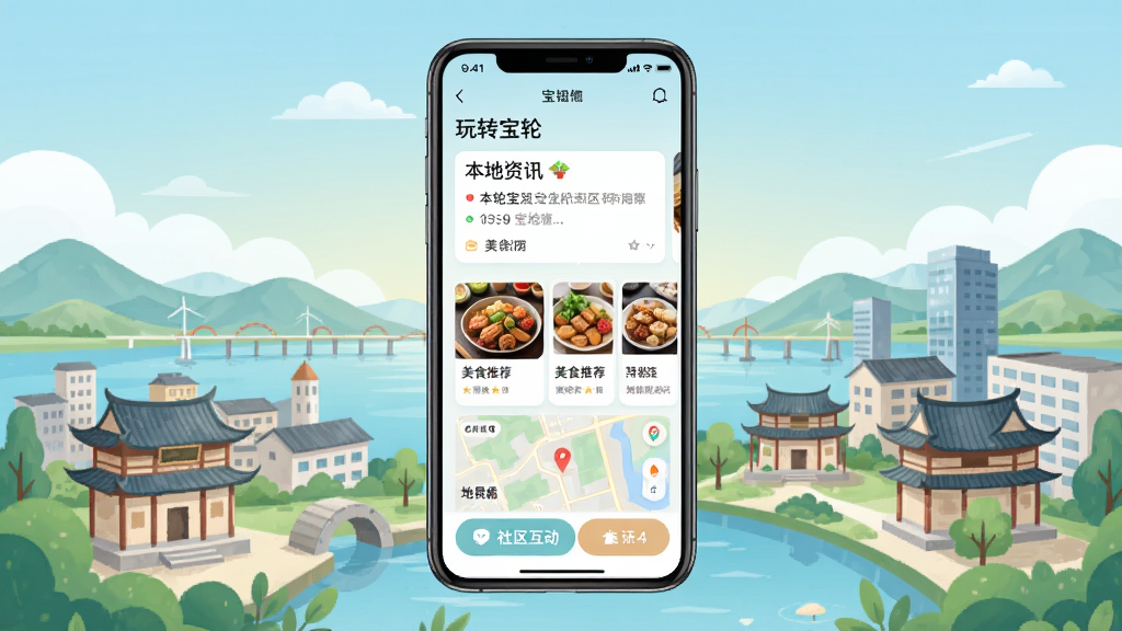 一张展示宝轮地区全景的手机应用界面图,画面中央是名为