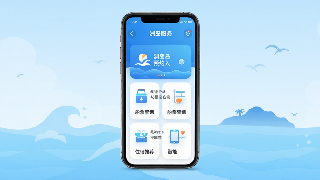 一款名为洲岛服务的手机应用界面展示图,主体为一部竖屏智能手机居中放置,屏幕内显示蓝色调海洋风格的应用首页,包含涠洲岛预约入口、船票查询、住宿推荐等功能卡片整齐排列,背景为淡蓝色渐变配合海浪和岛屿剪影元素,排版干净清晰,风格现代简约扁平化设计,细节上应用图标圆润、文字标注清晰,画质高清干净无多余元素