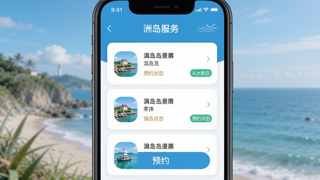 一款名为洲岛服务的手机应用景区预约功能界面,主体为手机屏幕特写居中展示,屏幕内呈现涠洲岛景区列表和预约按钮,布局采用卡片式上下排列,风格清新海洋蓝配色,细节上每个景区配有小图标和预约状态标签,画质高清干净无多余元素