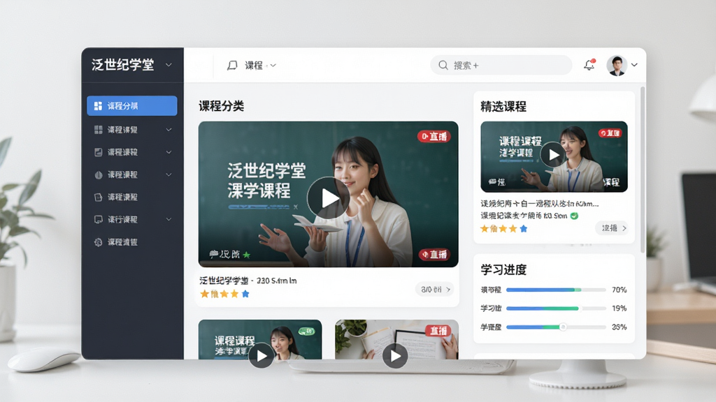 一张展示泛世纪学堂软件界面的全景图,画面中央是软件主界面,左侧为课程分类导航栏,右侧展示精选课程卡片与学习进度条,顶部有搜索框和用户头像,整体布局清晰,排版整齐,风格为现代简约教育风,细节包括课程缩略图、播放按钮、直播标识等,画质高清,干净无多余元素