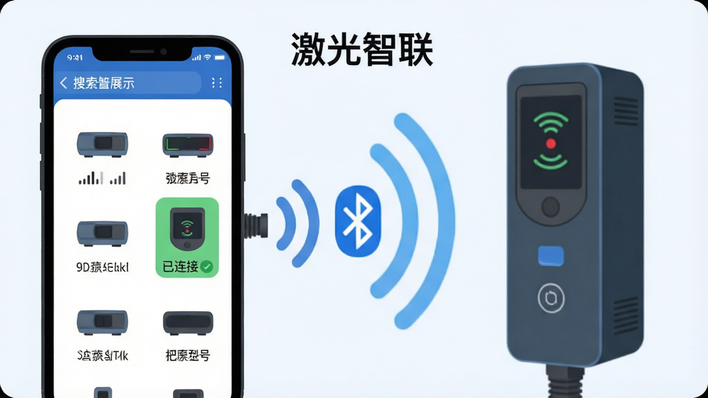 激光智联一键连接功能展示,手机屏幕显示设备搜索列表,多个激光器图标排列整齐,其中一个设备显示“已连接”状态,蓝牙信号波纹从手机向设备扩散,画面包含“激光智联”文字,主体为手机与激光设备无线配对场景,布局为左右分栏左侧手机右侧设备,排版简洁,风格为扁平化科技插画,细节包含信号强度指示、设备型号标签,画质清晰干净无多余元素