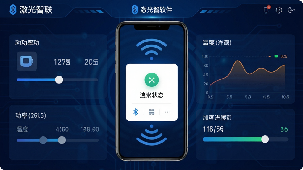 激光智联软件主界面展示,手机屏幕中央显示激光设备连接状态卡片,周围环绕功率调节滑块、温度曲线图表、加工进度条等模块,背景为深蓝色科技风格,画面包含“激光智联”文字标识,主体突出手机与激光设备的无线连接示意,布局为居中竖向构图,排版清晰分区,风格为现代科技感UI设计,细节包含蓝牙信号波纹、设备图标、参数数值,画质高清干净无多余元素
