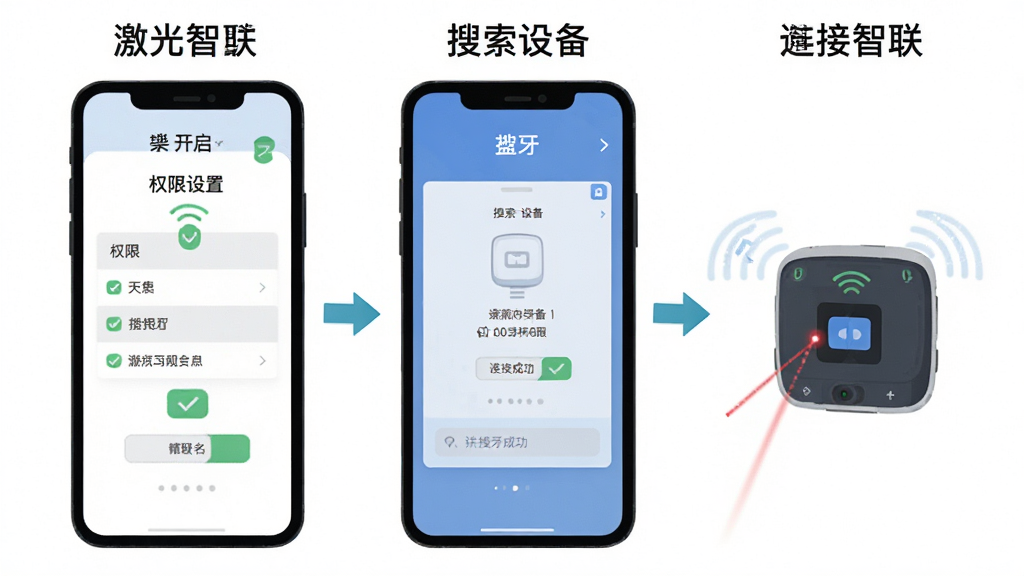 激光智联新手操作示意,手机屏幕显示权限设置页面和蓝牙搜索界面,旁边有激光设备图标,画面包含“激光智联”文字,主体为手机操作指引,布局为分步图示,排版从左到右依次为权限开启、搜索设备、连接成功,风格为教程类扁平插画,细节包含勾选标记、箭头指引、设备名称,画质清晰干净无多余元素