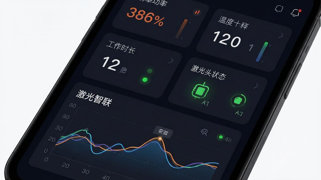 激光智联实时监控仪表盘界面,手机屏幕显示多个数据卡片,包含功率百分比、温度数值、工作时长、激光头状态图标,下方有动态曲线图表,画面包含“激光智联”文字,主体为手机展示监控数据,布局为竖向卡片排列,排版规整,风格为暗色系数据可视化UI,细节包含数值高亮、曲线波动、状态指示灯,画质高清干净无多余元素