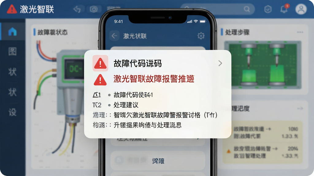 激光智联故障报警推送界面,手机屏幕弹出报警通知卡片,显示故障代码和处理建议,背景有设备状态示意图,画面包含“激光智联”文字,主体为手机接收报警信息,布局为居中弹窗式构图,排版突出报警内容,风格为警示色调UI设计,细节包含红色警示图标、故障代码、处理步骤文字,画质清晰干净无多余元素