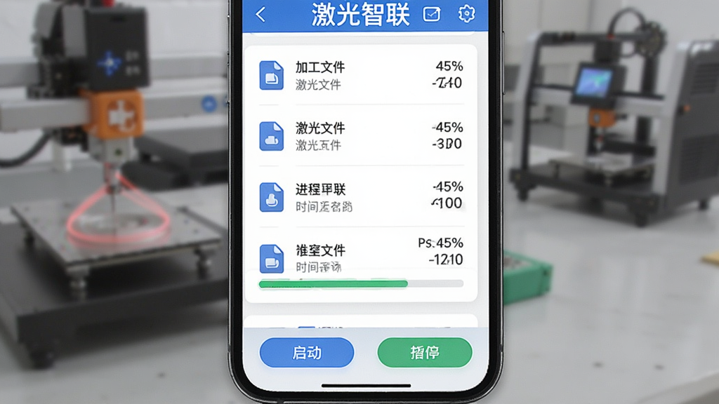 激光智联任务下发界面,手机屏幕显示加工文件列表和进度条,下方有启动暂停按钮,画面包含“激光智联”文字,主体为手机控制激光设备加工任务,布局为竖向列表加底部操作栏,排版简洁,风格为现代移动端UI,细节包含文件图标、进度百分比、时间估算,画质高清干净无多余元素
