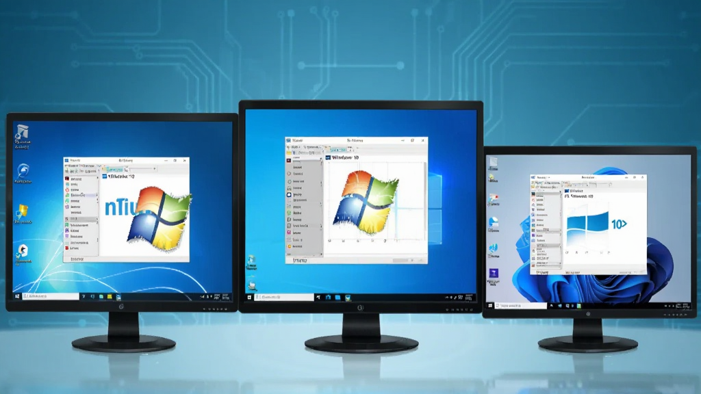 ����չʾ��̨��ͬ�ߴ�ĵ�����ʾ���������У�ÿ̨��Ļ�Ϸֱ���ʾWindows 7��Windows 10��Windows 11��������棬ÿ̨��Ļ�϶�������nTrun�������ڣ�����Ϊ���ĿƼ���ɫ�������Ϊдʵ��Ʒչʾͼ��ϸ�ڰ���ϵͳ�汾��ʶ����������Ԫ�أ������������ɾ����޶���Ԫ��