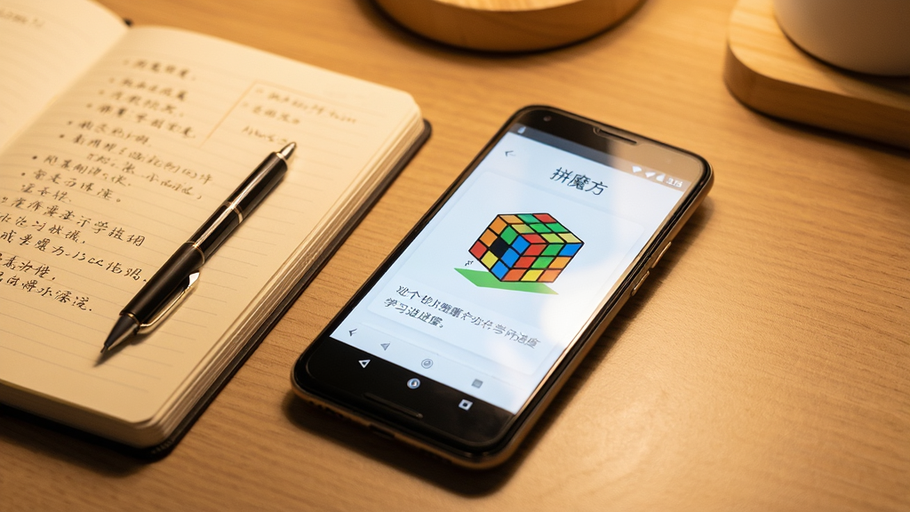 画面中央一部安卓手机放置在桌面上,屏幕显示“拼魔方”学习进度页面,手机旁边有一本笔记本和一支笔,背景为温馨的书桌环境,主体为手机与笔记本,布局对角线构图,风格为生活写实,细节包含屏幕内容清晰、笔记本上有手写笔记、光线柔和,画质高清,干净,无多余元素