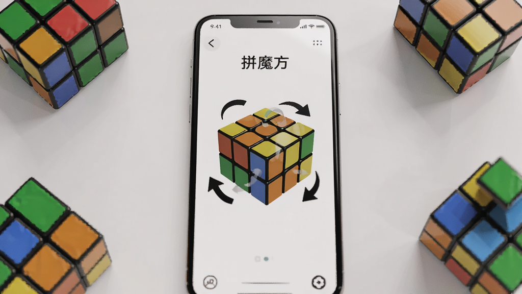 画面中央一部智能手机竖屏展示,屏幕上显示“拼魔方”应用界面,界面中有三阶魔方3D模型和转动箭头,手机周围散落几个彩色魔方,背景为干净的浅灰色桌面,主体突出手机与魔方,布局居中,风格为写实产品渲染,细节包含屏幕反光、魔方塑料质感、阴影柔和,画质高清,干净,无多余元素