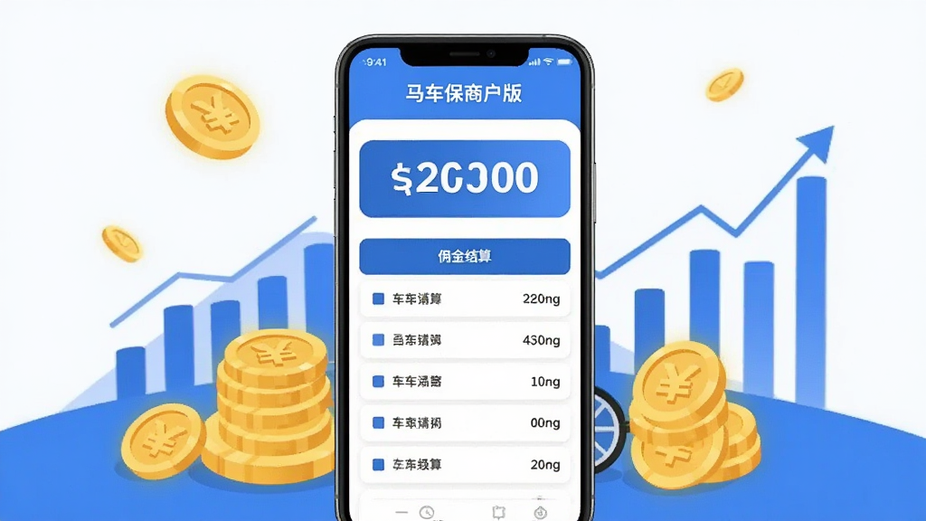 马车保商户版佣金结算页面,手机屏幕显示金额数字和结算列表,背景有金币和图表元素,蓝白配色,扁平化设计,布局整齐,画质干净清晰