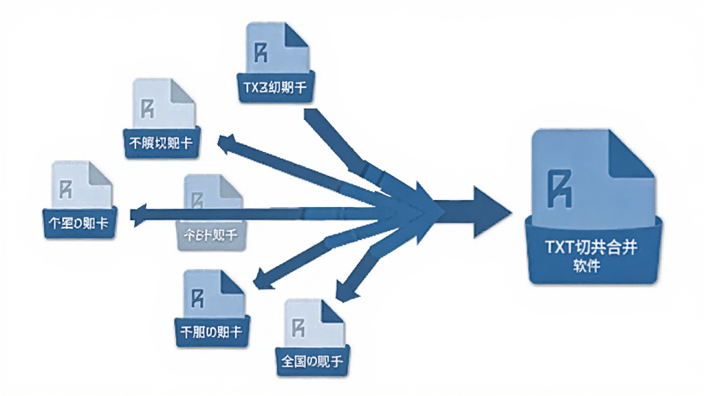 一张展示TXT切割合并软件批量合并功能的示意图,主体为多个小文件汇聚成一个大文件,布局为多个文件图标向中心汇聚,排版呈聚合状,风格为简洁商务风,细节包括文件名标签和合并箭头,画质清晰,干净,无多余元素
