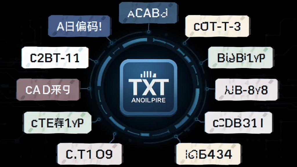 一张展示TXT切割合并软件编码兼容特性的示意图,主体为不同编码格式的文本标签,布局为环绕软件图标排列,排版呈圆形分布,风格为科技感图标设计,细节包括ANSI、UTF-8等字样,画质清晰,干净,无多余元素