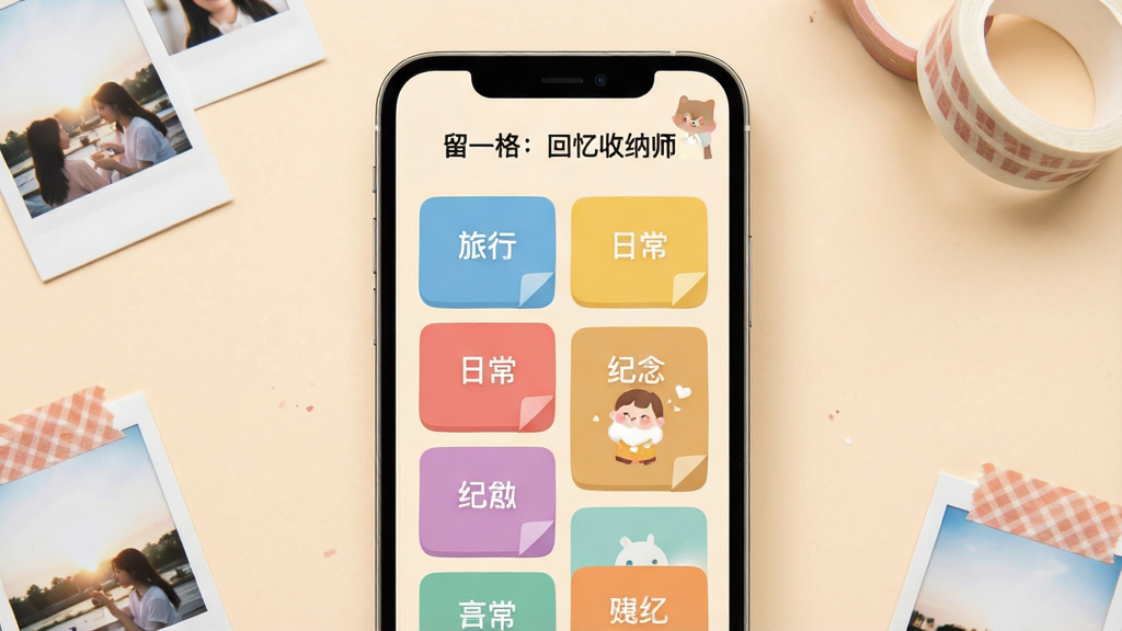 一张展示手机屏幕的图片,屏幕中央显示“留一格:回忆收纳师”应用主界面,界面中有多个彩色回忆格子,分别标注旅行、日常、纪念日等分类,背景是温暖柔和的浅米色,四周点缀小相片和胶带元素,整体风格清新治愈,画质清晰,干净无多余元素