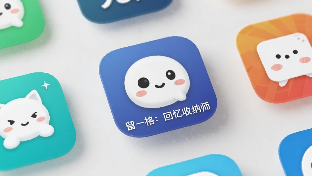 一张AI生成的图片,画面中展示多款手机应用图标排列在桌面上,其中“留一格:回忆收纳师”图标位于中央并放大,周围环绕其他记录类应用图标,背景是干净的浅色桌面,风格简洁明快,画质清晰,无多余元素