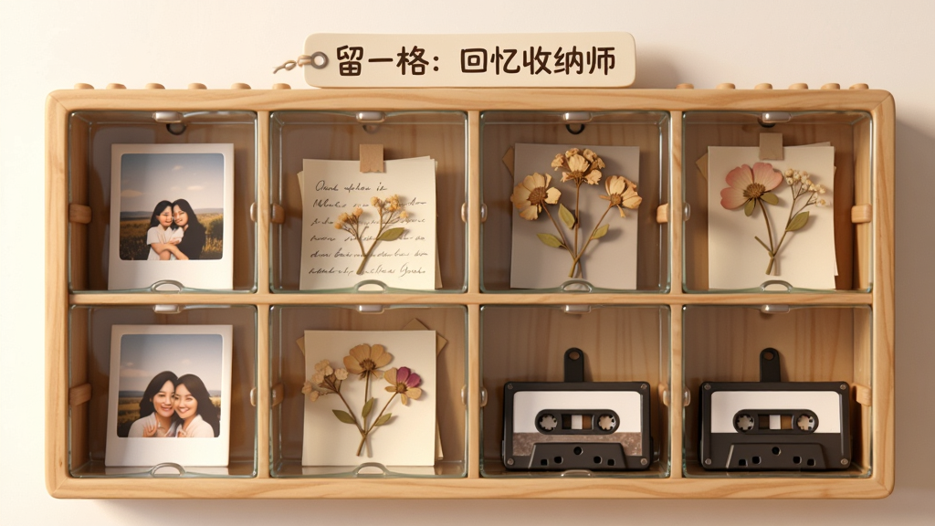 一张AI生成的概念图,画面中是一个木质收纳架,架子上摆放着多个透明玻璃格子,每个格子里分别装着照片、小纸条、干花和录音带,格子上方悬浮着“留一格:回忆收纳师”的文字标签,整体布局整齐,风格温暖治愈,细节丰富,画质高清,干净无多余元素