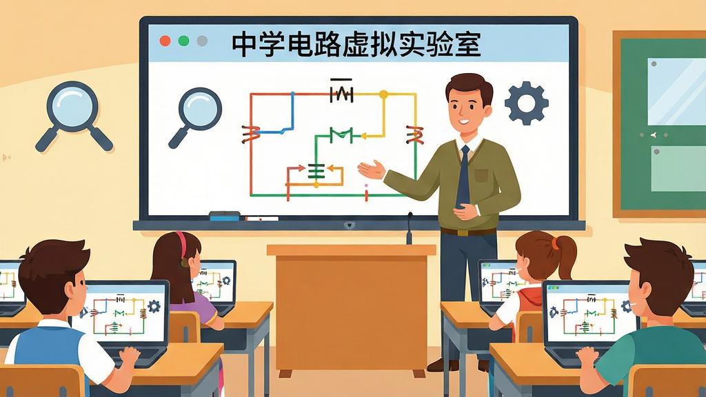 һ�Ž�ѧ�����廭��������һλ��ѧ������ʦվ�ڽ��ҽ�̨ǰ������ĵ��Ӱװ�����ʾ��ѧ��·����ʵ���ҵĵ�·ͼ���װ��Ա��зŴ�ͼ��ͳ���ͼ�ꡣ����Ϊ����ȫ����ǰ���Ǽ���ѧ�������������бʼǱ����ԣ���Ļ��ͬ����ʾ��·���档�Ű�����ʦ�Ͱװ�λ�ڻ������ϲ���ѧ��λ���²������Ϊ��ů�����ı�ƽ�廭�磬ϸ�ڰ����װ��ϵĵ����ò�ɫ������ʾ��ѧ��̧ͷרע�ۿ������ʸɾ��������޶���Ԫ�أ��װ嶥����ʾ���֡���ѧ��·����ʵ���ҡ���