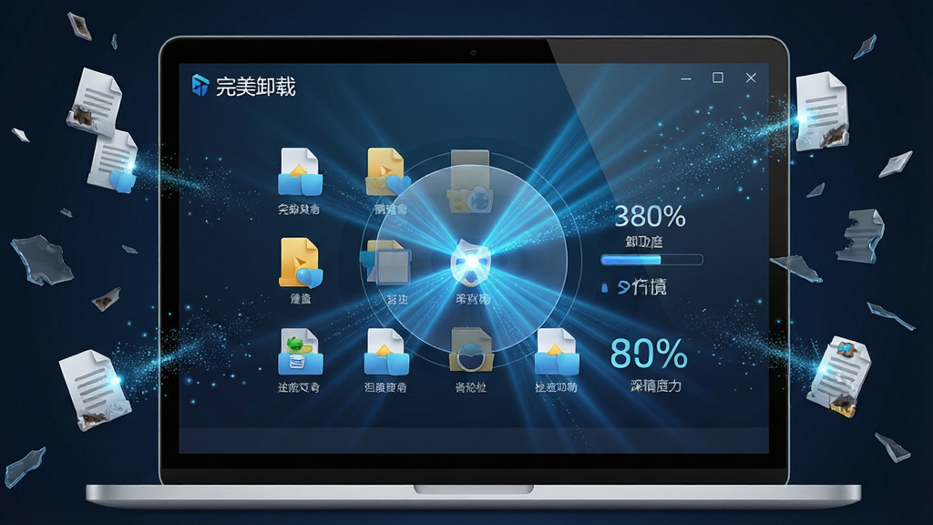 一张表现完美卸载深度扫描功能的AI生图,主体为一台笔记本电脑屏幕显示完美卸载软件正在进行深度扫描,屏幕中央有放射状扫描光束覆盖文件图标和注册表条目,布局为屏幕特写占屏幕三分之二,周围环绕被扫描出的残留文件碎片和注册表碎片,风格为科技感十足的数字艺术风,细节包括扫描光束的粒子效果、文件图标被高亮标记、进度百分比数字跳动,画质高清,画面干净,无多余元素,文字标注“完美卸载”