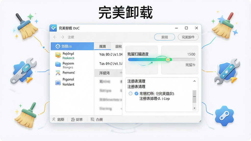 一张展现完美卸载软件核心功能的全貌图,主体为电脑屏幕上打开的完美卸载软件界面,界面中清晰显示软件卸载列表、残留扫描进度条和注册表清理选项,布局为居中展示软件主窗口,排版整齐有序,风格为现代简约科技风,细节包括界面按钮、图标、进度条动画效果和周围环绕的清理工具元素,画质高清,画面干净,无多余元素,文字标注“完美卸载”