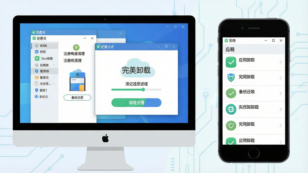 一张展示完美卸载使用技巧的AI生图,主体为电脑屏幕和手机屏幕并排展示完美卸载软件界面,电脑端显示注册表清理和还原点创建界面,手机端显示应用卸载列表,布局为左右对比排版,风格为扁平化科技插画风,细节包括权限设置图标、备份还原按钮、清理进度条和提示文字“完美卸载”,画质高清,画面干净,无多余元素