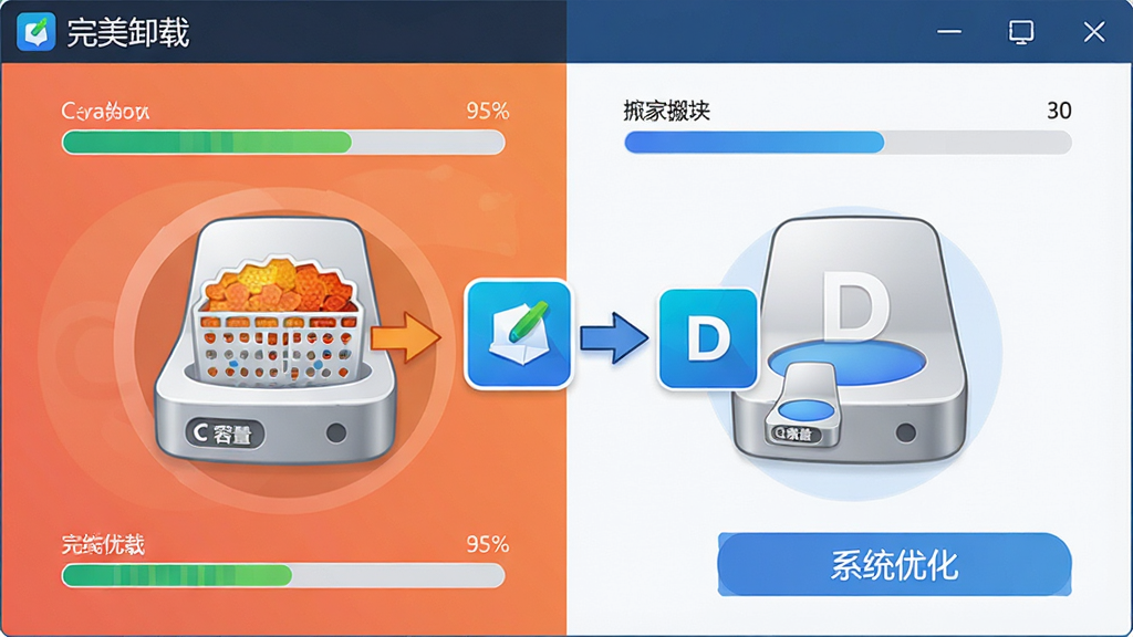一张表现完美卸载软件搬家与系统优化功能的AI生图,主体为完美卸载软件界面中的软件搬家模块,显示一个软件图标从C盘图标移动到D盘图标的动画示意,布局为左右分栏对比展示,左侧为C盘满载状态右侧为D盘空余状态,风格为简洁明快的矢量插画风,细节包括磁盘容量进度条、搬家箭头动画、软件图标和系统优化按钮,画质高清,画面干净,无多余元素,文字标注“完美卸载”