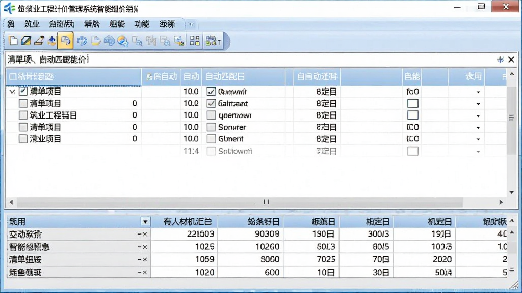 一张展示筑业工程计价管理系统智能组价功能界面的图片,画面中软件窗口显示清单项目与自动匹配的定额子目,下方有人材机汇总表格,界面风格为典型工程造价软件布局,画质清晰,无多余元素