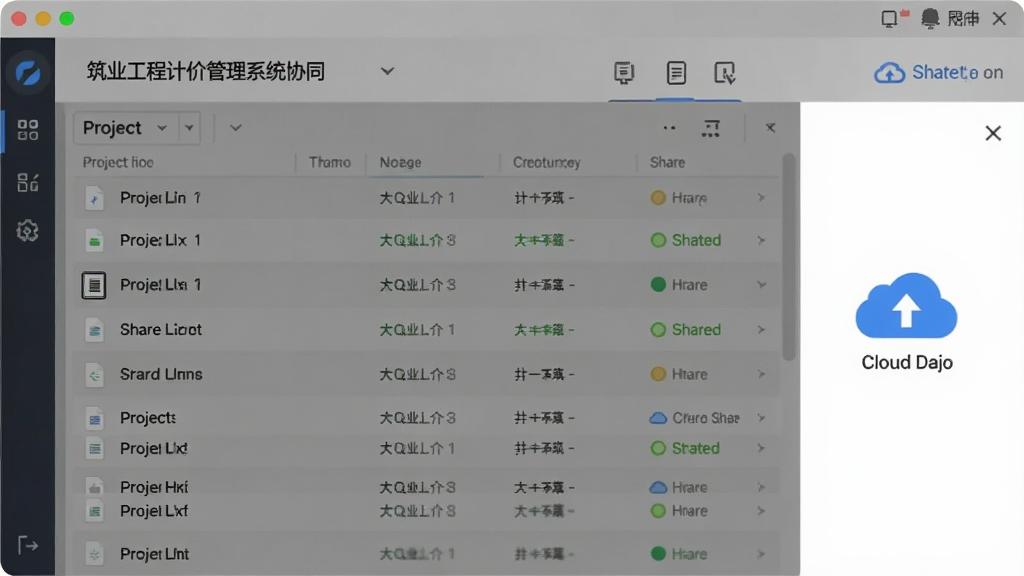 一张展示筑业工程计价管理系统协同作业界面的图片,画面中软件窗口显示多个项目文件列表与共享状态图标,右侧有云端同步按钮,界面风格现代简洁,画质清晰,无多余元素