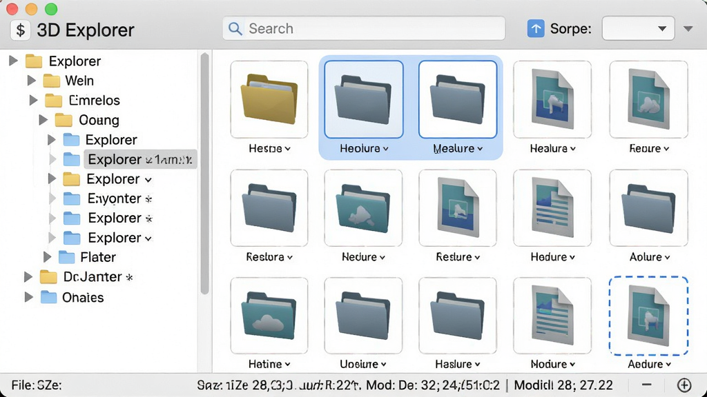 һ��չʾ3D Explorer�ļ��������ܵ�ͼƬ����������������ļ���Ŀ¼�ṹ���Ҳ����ļ�����ͼ������ͼ��ÿ��3D�ļ�����ʾԤ��ͼ���ļ����������������������ѡ��ײ����ļ���С���޸�������Ϣ������Ϊ�����˫���ļ���������ʽ�����Ϊ��ˬǳɫ���⣬ϸ�ڰ����ļ���ͼ�ꡢ����ͼ�߿�ѡ�и���Ч�������ʸ��壬�ɾ��޶���Ԫ��