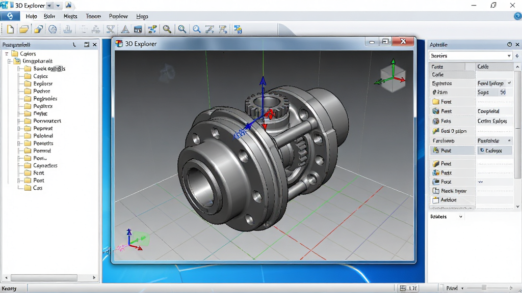 һ��չʾ3D Explorer���������ͼƬ�����������Ǵ򿪵�3Dģ���ļ�Ԥ�����ڣ���ʾһ�����µĻ�е���3Dģ�ͣ�������ļ�Ŀ¼�����Ҳ���������壬���岼��Ϊ���͵�Windows�����������棬�Ű��������࣬���Ϊ�ִ��Ƽ���UI��ƣ�ϸ�ڰ���������ͼ�ꡢ3D�����ߡ�������ָʾ�������ʸ��壬�ɾ��޶���Ԫ��