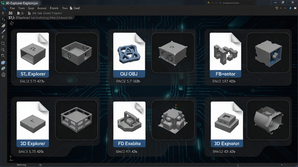 һ��չʾ3D Explorer���ʽ�������Ե�ͼƬ��������ͬʱչʾ�����ͬ��ʽ��3Dģ���ļ�ͼ�����������������ϣ�����STL��OBJ��FBX�ȸ�ʽ��ʶ��ÿ��ͼ���Ա��ж�Ӧ��3Dģ������ͼԤ��������Ϊ��ɫ�Ƽ���񣬲���Ϊ����״���У������רҵ��ϸ�ڰ�����ʽ��ǩ���֡��ļ���С��Ϣ�����ʸ��壬�ɾ��޶���Ԫ��