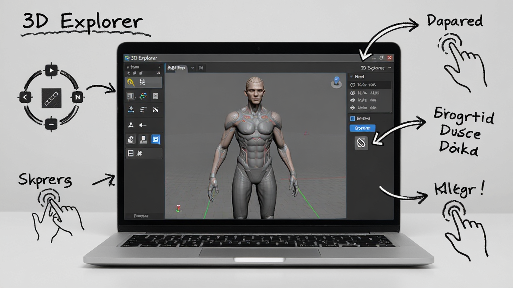 һ��չʾ3D Explorerʹ�ü��ɵ�ͼƬ����������һ̨�ʼǱ�������Ļ��ʾ3D Explorer����������Ⱦһ�����ӵ������ɫģ�ͣ���Ļ�Ա����ֻ���ı�ע��ͷָ������������򣬰����ӽǿ��ơ���ʾģʽ�л�����ͼ��ť�ȣ�����Ϊ�̳�ͼ���񣬱���Ϊǳ��ɫ���棬ϸ�ڰ�����ע����˵������������ʾ��ͼ�����ʸ��壬�ɾ��޶���Ԫ��