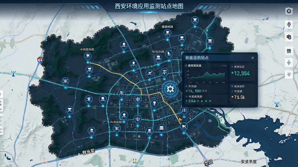 西安环境应用监测站点地图界面,地图上标注多个监测点图标,点击弹出数据面板,风格为现代地图科技风,画质高清干净无多余元素。