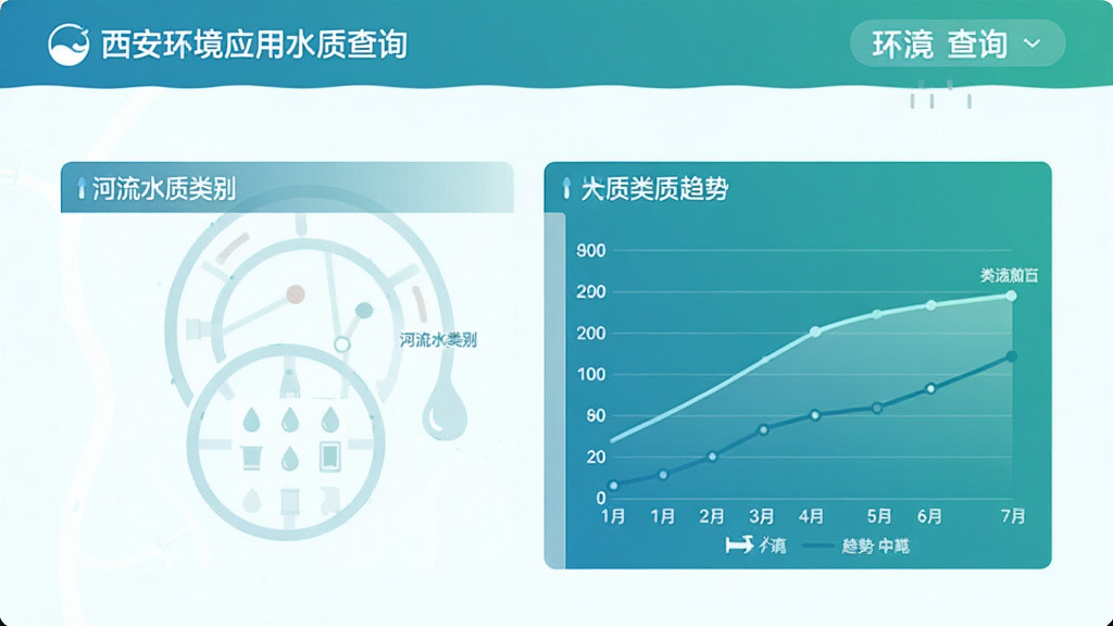 西安环境应用水质查询页面,显示河流水质类别和趋势折线图,蓝绿色调清新风格,画质高清干净无多余元素。