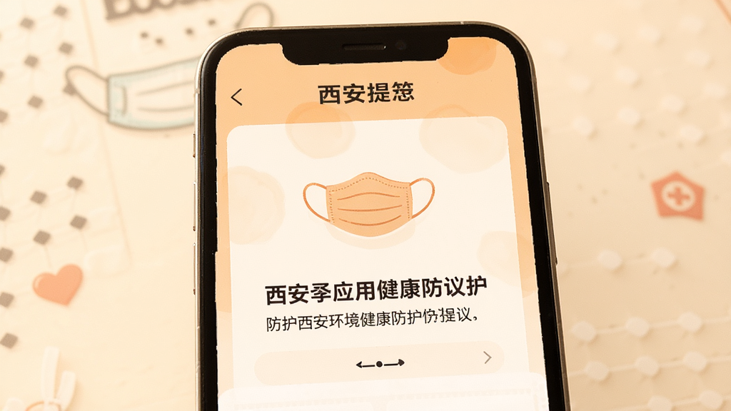 西安环境应用健康防护建议推送界面,显示口罩图标和防护提示文字,暖色调柔和风格,画质高清干净无多余元素。