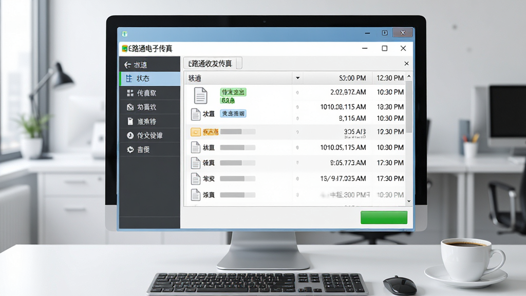 主体为E路通电子传真软件在Windows电脑桌面上的主界面窗口,左侧为功能导航栏,右侧为传真收发记录列表,窗口上方有“E路通电子传真”字样标题;布局采用居中构图,背景为简洁的现代办公桌面,旁边摆放一台显示器、键盘与一杯咖啡;排版清晰,界面元素整齐;风格为写实科技商务风;细节包括传真文件图标、状态标签、时间戳、绿色发送按钮;画质高清,画面干净,无多余元素