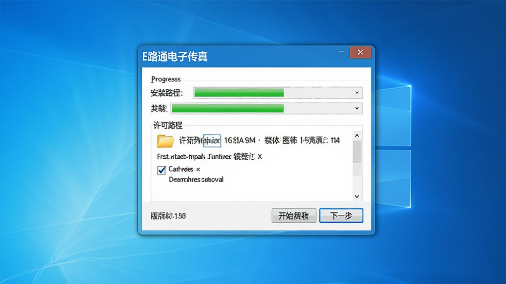 主体为E路通电子传真软件在Windows电脑上的安装向导界面,屏幕中央显示“E路通电子传真”安装窗口,包含安装路径选择、许可协议勾选、开始安装按钮;布局为居中对话框式排版;风格为简洁软件安装界面风;细节包括进度条、文件夹图标、下一步按钮、版本信息;画质高清,画面干净,无多余元素
