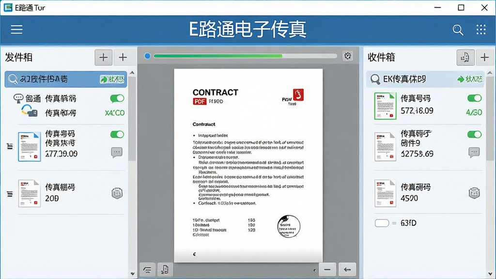 主体为E路通电子传真软件的传真收发界面特写,屏幕中央显示“E路通电子传真”标题与一份正在传输的PDF合同文件,左侧是发件箱列表,右侧是收件箱列表;布局为左右分栏式排版;风格为扁平化商务科技风;细节包括进度条、传真号码、状态图标、文件缩略图;画质高清,画面干净,无多余元素