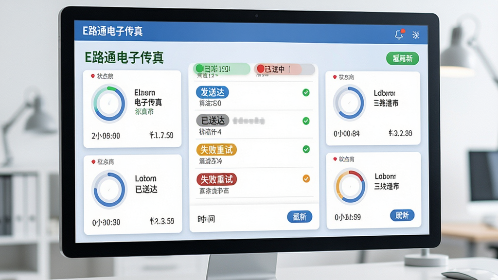 主体为E路通电子传真软件的传输状态监控面板,屏幕中央显示“E路通电子传真”状态列表,包含发送中、已送达、失败重试等标签;布局为卡片式排版,每张卡片对应一条传真任务;风格为清爽科技风;细节包括进度环、状态颜色区分、刷新按钮、时间信息;画质高清,画面干净,无多余元素