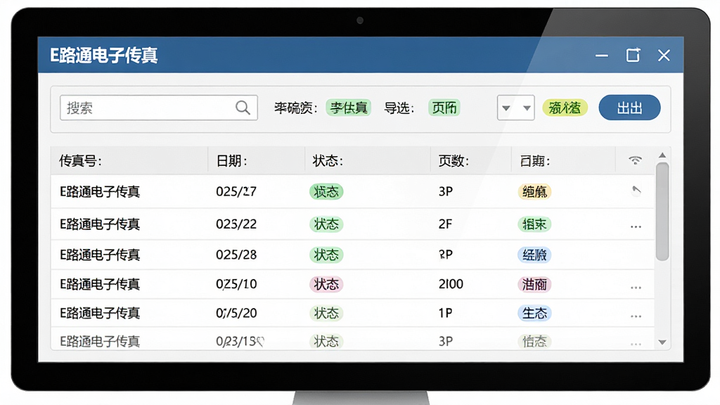 主体为E路通电子传真软件的历史记录管理页面,屏幕中展示“E路通电子传真”记录列表,包含传真号码、日期、状态、页数等字段;布局为上下结构,上方为筛选条件栏,下方为数据表格;风格为简约商务风;细节包括搜索框、导出按钮、状态标签、滚动条;画质高清,画面干净,无多余元素