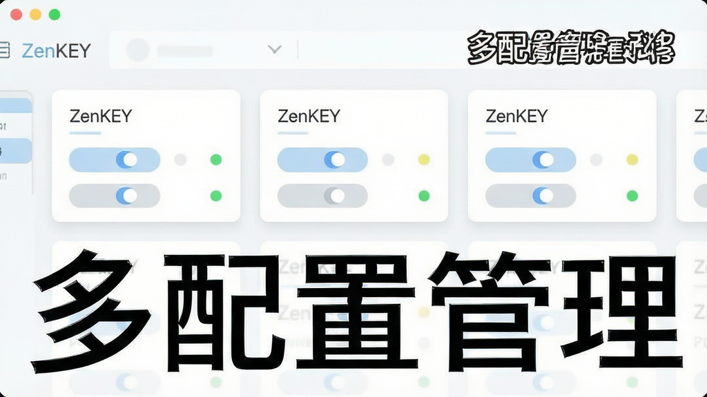 一张展示ZenKEY多配置文件管理功能的示意图,主体为软件界面中多个配置文件卡片排列展示,布局采用横向排列的卡片式构图,排版简洁明了,风格为清新浅色系扁平设计,细节包括每个配置文件的名称标签、切换按钮、状态指示灯,画面中文字标注“ZenKEY”和“多配置管理”,画质高清干净无多余元素