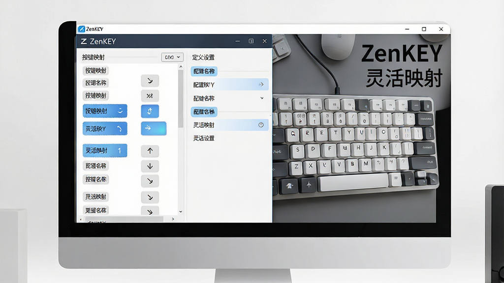 一张展示ZenKEY软件操作界面的场景图,主体为电脑屏幕上的ZenKEY软件窗口,窗口内显示按键映射列表与自定义设置选项,布局采用左侧屏幕右侧键盘的对比构图,排版整齐清晰,风格为简洁商务科技风,细节包括映射箭头图标、按键高亮效果、配置名称标签,画面中文字标注“ZenKEY”和“灵活映射”,画质高清干净无多余元素
