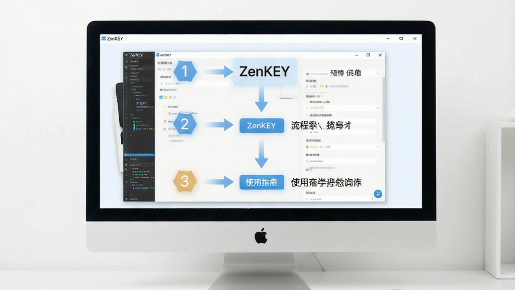 一张展示ZenKEY使用教程的示意图,主体为电脑屏幕显示ZenKEY软件的操作步骤截图,布局采用分步骤的流程图式构图,排版从上到下依次排列,风格为简洁明快的教学风格,细节包括步骤编号、箭头指示、操作按钮高亮,画面中文字标注“ZenKEY”和“使用指南”,画质高清干净无多余元素
