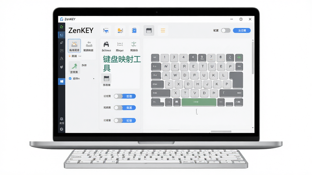 软件全貌概览图,主体为一台打开的笔记本电脑屏幕显示ZenKEY软件界面,界面中展示键盘映射设置面板与按键布局示意图,布局采用居中构图,屏幕前方放置一个简约风格的键盘,排版清晰有序,风格为现代科技感扁平化设计,细节包括软件界面中的按键图标、设置选项标签、配置切换按钮,画面中文字标注“ZenKEY”和“键盘映射工具”,画质高清干净无多余元素