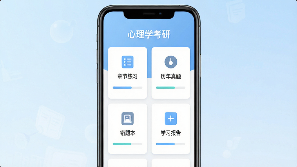 心理学考研软件主界面全景展示,手机屏幕中央显示应用首页,顶部有